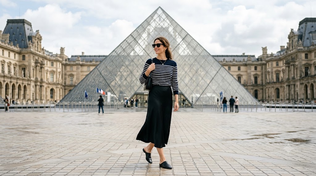 Breton Striped Knit Sweater & High-Waisted Black Midi Skirt